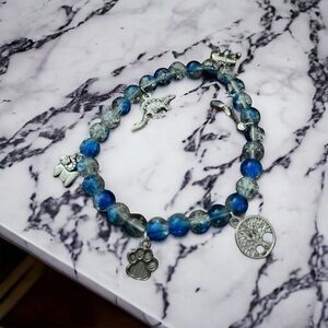 Blue Charm Bracelet - Handmade Beaded Bracelet with Silver Charms